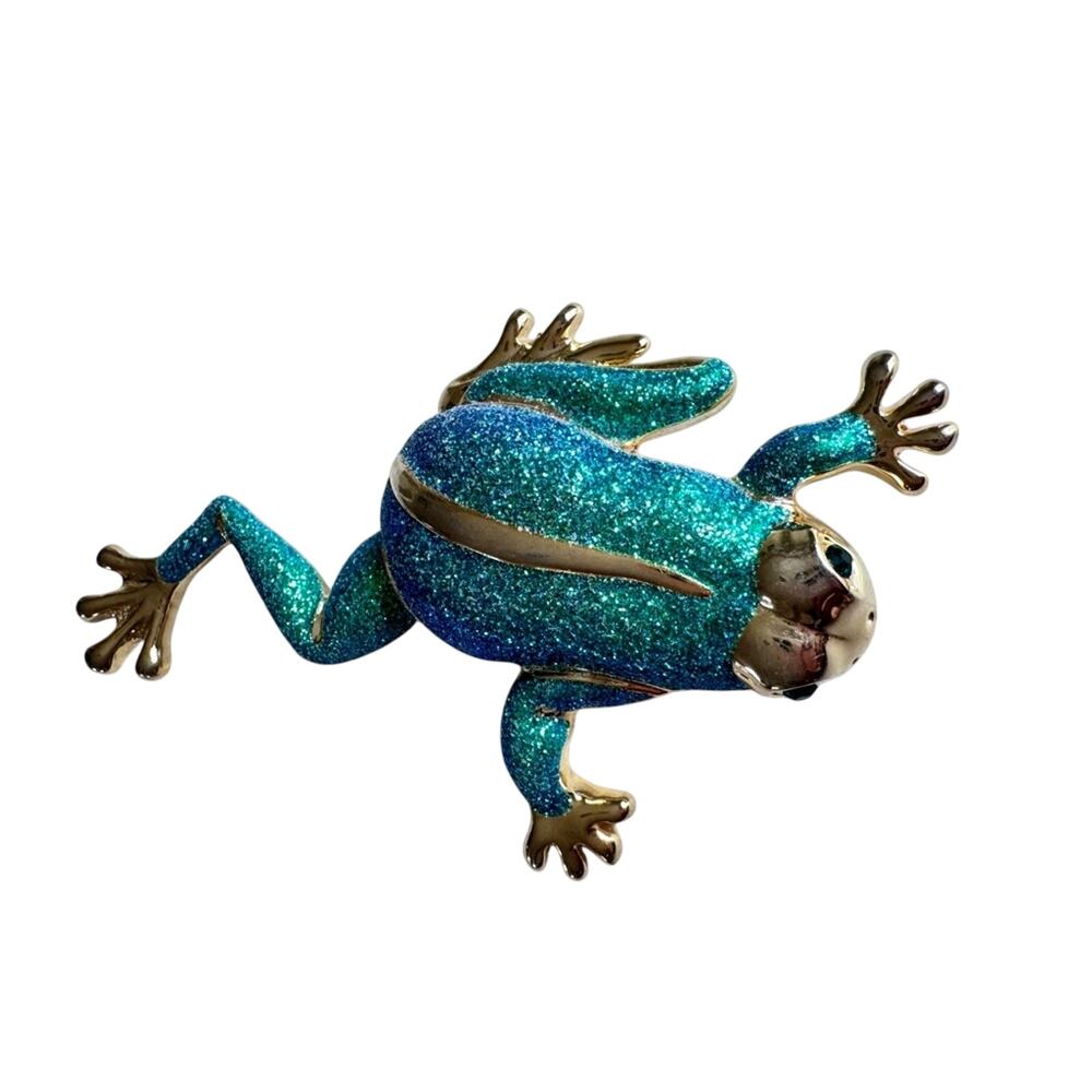 Gold Tone Green Glitter Frog Figurine Vintage Brooch Modified